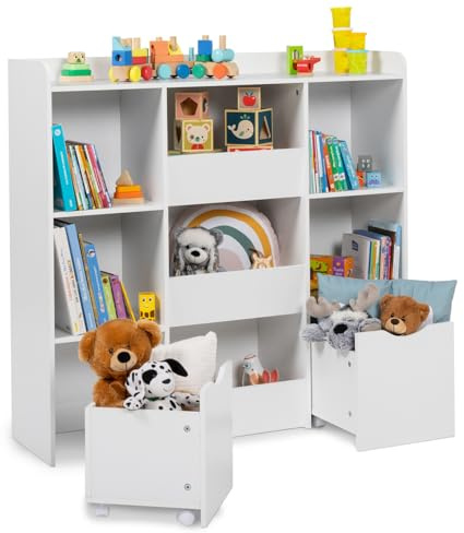 IDMarket - Aufbewahrungsschrank für Kinder Mana, 5 Regale, 3 Behälter und 2 Würfel auf Rollen, weiß