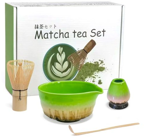 Mycketop Juego de 4 batidores de matcha, batidor de bambú, cuchara, soporte de cerámica para persecución, cuenco de té con boquilla, kit perfecto para los amantes del matcha, Verde Degradado