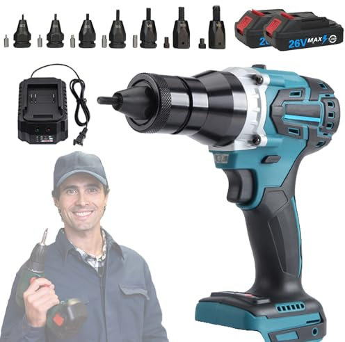 VNATWGOO Remachadora InaláMbrica EléCtrica, Herramienta Remachadora AutomáTica De Doble Velocidad, con BateríA De 2X2200Mah, MáQuina Remachadora con Cuerpo De Goma, con Cabezal De TraccióN M3-M12