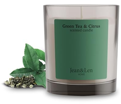 Jean & Len Vela Perfumada Green Tea & Citrus, hecha con manteca de karité, duración aprox. 40 h, diseño minimalista, aroma fresco, vegana, 195 g