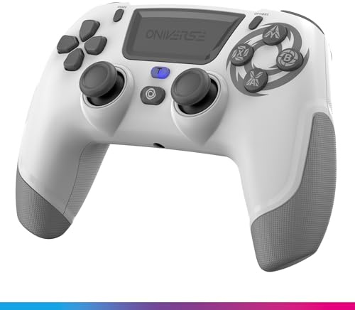 Oniverse Kabelloser Controller für PS4 PS3 PC ANDROID iOS, Kopfhöreranschluss, Hall-Effekt-Joystick, Wiederaufladbarer 1000mAh-Akku, Makro-Tasten, Wake-up-Funktion, 6-Achsen-Gyroskop, Revolt White