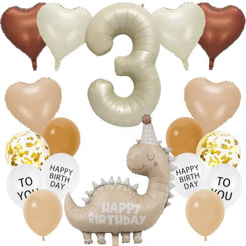 18 Stück Dino Luftballon 3. Geburtstag Junge Mädchen, Dino Geburtstagsdeko 3 Jahr Set, Cream Colored Dinosaurier Deko 3. Geburtstag, Dinosaurier Folienballon für Birthday Party