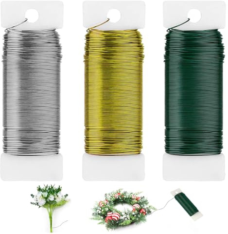 Juego de 3 rollos de alambre para manualidades (50 m cada uno), alambre fino para manualidades, alambre de cobre para floristería, floristería, fabricación de joyas, decoración (oro, plata, verde)