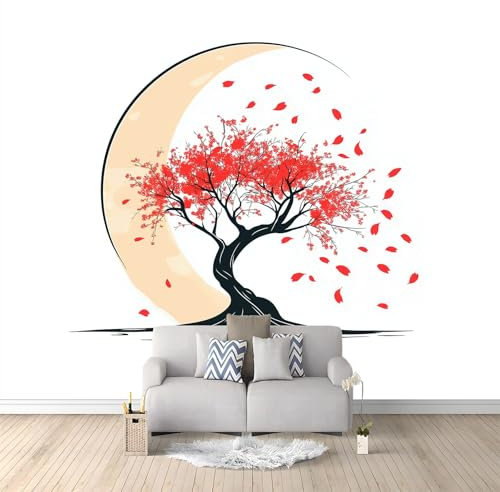 Générique 3D Papier Peint Style minimaliste cerisier japonais et lune, Papier peint panoramique 300 x 210 CM (L x H) - Pour Salon Chambre D'Enfant Décoration Murale Poster, Blanc