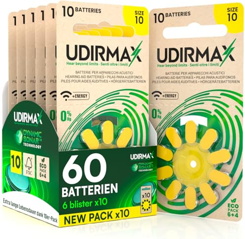60 Batterien für PR70 Größe 10 Hörgeräte (Gelb) Udirmax Zink-Luft 0% Quecksilber 1,45V Batterien mit Dynamischer Sonartechnologie Eco Pack - 6 Eco Blister mit 10 Batterien