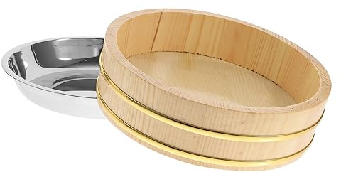 GALPADA Piatto da Portata per Snack e Secchio per Mescolare Riso in Legno Naturale 25 Cm Acciaio Inox, Resistente All’usura, per Sushi, Bibimbap e Frutti di Mare, Stoviglie la Casa