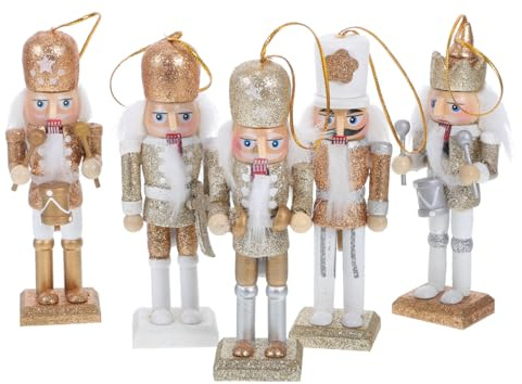 VILLCASE 5pcs Wooden Christmas Nutcracker Soldier Ornaments, 5-inch Gold and White Glitter Nutcracker Christmas Decorations, Traditional Hanging Figures for Xmas Tree Decorations, Fireplace