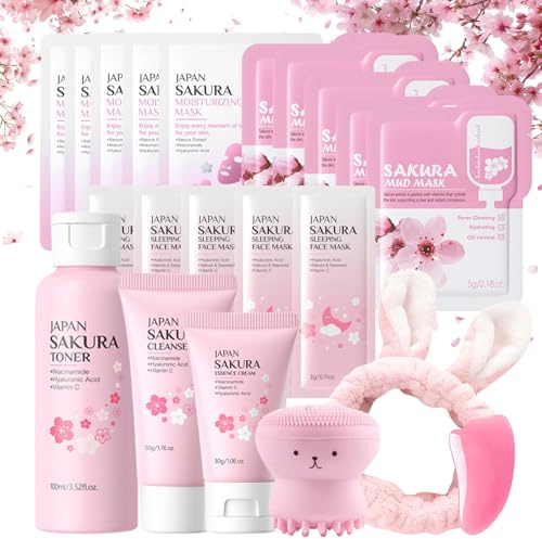 Sakura Gesichtspflege Set, Hautpflege Set Teenager Mädchen, Beauty Set Frauen, Feuchtigkeit & Reinigung mit Toner, Cleanser, Masken, Schlafmaske, Schlammmaske, Skin Zubehör, Beauty Geschenkset (21PCS)