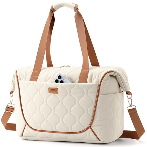 Lekespring Puffer Resväska Dam Sportväska med Skofack Weekendväska Förpackningsväska Travel Bag Handbagage Gym Väska Klinikväska Födelseväska Sjukhusväska, Beige, M