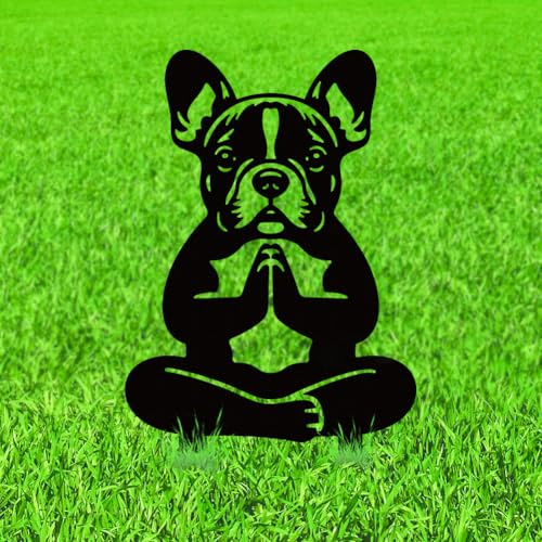 WADORN Piquets Décoratifs de Jardin en Métal de Bouledogue Français en Pleine Méditation, 34x18cm Statues de Chien Zen Noir en Silhouette Yoga pour L'Extérieur Cadeau Amusant Bouledogues Jardin