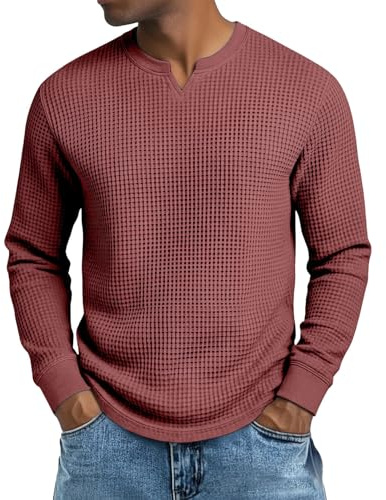 Caxndycing Jersey de gofre, para hombre, sin capucha, cuello de pico, suéter noruego, suéter de trabajo, vintage, jersey de invierno, camiseta interior de manga larga, rojo, XXL