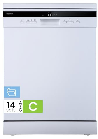 COMFEE' Freestanding Dishwasher with 14 Place Settings, 44dB Quiet Full Size Dishwashers, CDWEF1435EWC-UK, ECO Wash, Auto Open Drying, Half Load, Delay Start, Wide LED Display, White
