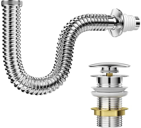 Dyaucwpo Juego de Desagüe de Lavabo, Kits Desague Lavabo, Sifón Lavabo Flexible Kits, Sifon Fregadero Kit de Desagüe, Sifón a Prueba de Olores con Válvula de Desagüe Emergente, para Baño Y Cocina