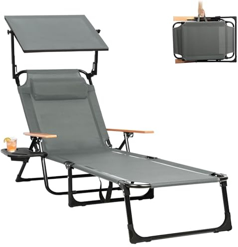 YUODIJIO Sonnenliege Liegestuhl Garten mit 4-Verstellbarer Rückenlehne, Sonnenschutz, Strandliege Klappbar Robust, Sun Lounger mit Kopfkissen, Getränkehalter, für Strand Garten Camping