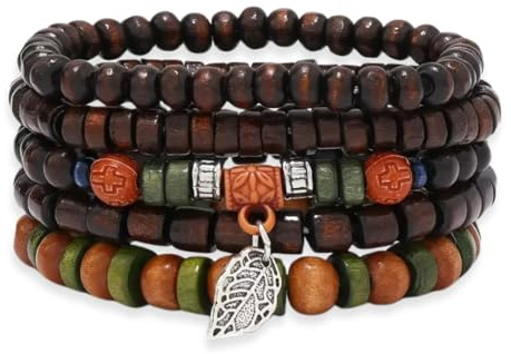 Tied By Love Boho 5-Piece Wooden Beaded Bracelet Set with Leaf Charm Ethnic Stackable Elastic Bracelets Gothic Steampunk Bohemian Unisex Wristbands for Women & Men