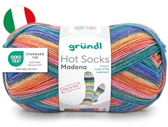 Gründl Wolle Hot Socks Madena 4-fach 1 Knäuel 100 g, weiß-orange | Sockengarn - Weich und hautfreundlich - 75% Schurwolle, 25% Polyamid - 100 g / 420 m -Nadelstärke 2,5 - 3