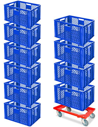 BRB Lot économique de 10 bacs empilables et roulettes de transport, 600 x 400 x 320 mm, qualité industrielle, convient à un usage alimentaire, bleu
