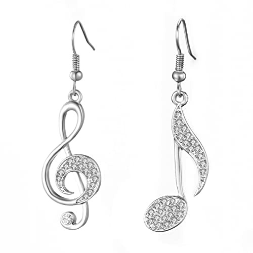 Boucles d'oreilles pendantes notes de musique pour femmes, boucles d'oreilles plaquées or rose et argent hypoallergénique avec zircon cubique, 3.5cm, Cristal, Zircone cubique