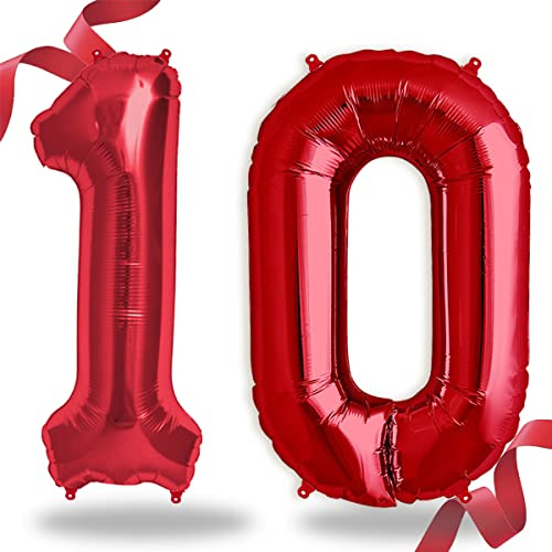 Folienballon Zahl in Rot- Riesenzahl Ballons - Folienballons für Luft oder Helium als Geburtstag, Hochzeit, Jubiläum oder Abschluss Geschenk, Party Dekoration (Rot [ 10 ])