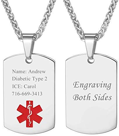 U7 Collier Médical Homme Personnalisable Chaîne Pendentif Plaque d'Identité ID Alerte Dog Tag Bijoux Acier Inoxydable/Plaqué Or Accessoire Optimal pour Patients