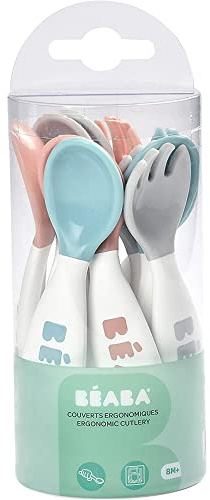BEABA - Ergonomisches Erstlingsbesteck - 6 Löffel & 4 Gabeln - Kurzer, abgerundeter Griff - Babyfreundlich, Für Rechts- und Linkshänder geeignet - Grau/Blau/Rosa