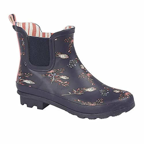 StormWells Damer dam ankel Wellingtons vattentät marinblå röd slip on W407C, Marinblommor, 40 EU