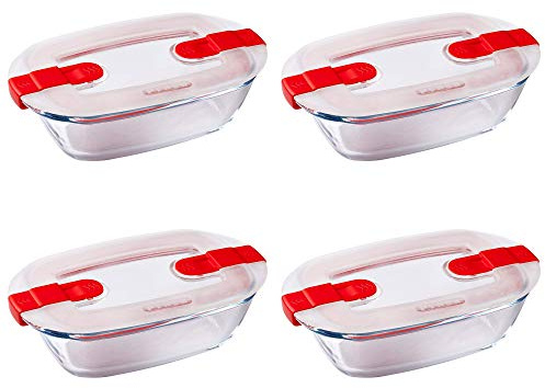 Pyrex Pirofila rettangolare classica in vetro con coperchio ventilato, adatta al microonde, 1,1 l, colore rosso (confezione da 4)