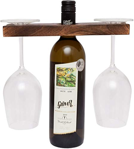 EARTHLY HOME Handmade Antique Wood Wine Bottle & Glass Holder – Rustic Countertop Stand for 1 Bottle & 2 Glasses – Vintage Wine Caddy for Home Bar, Kitchen, and Dining Room Decor