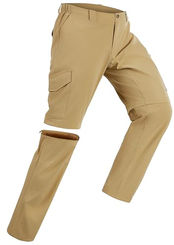 33 000 fot vandringsbyxor herr dragkedja off-vandringsbyxor, ventilerande avtagbara stretch sportbyxor med 6 fickor, sommarbyxor, snabbtorkande lätta korta byxor för vandring cykel, Beige brun, 38W x