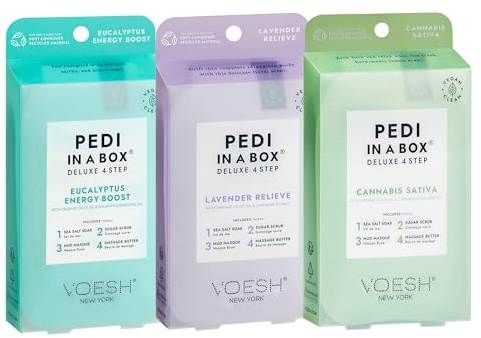 VOESH Pedi in a Box 4 Step Herb Trio - 3 Pack of Lavender Relieve, Eucalyptus Energy Boost & Herb Seed Oil Pedis, Spa Pedicure Kit, At-Home Pedicure