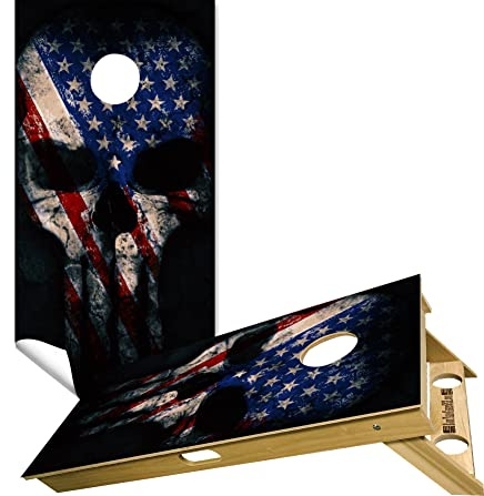 Beerpongtoss Cornhole Board Wraps, Cornhole Decals and Wraps for Boards (Set of 2), Cornhole Skins for Boards, Cornhole Board Covers (Punisher Red Blue Skull)