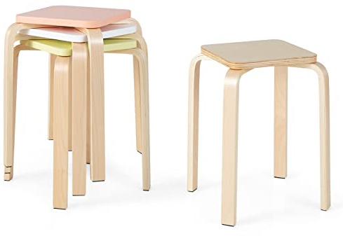 COSTWAY Stackable Bentwood Stools Set of 4, 18-Inch Height Backless Counter Chairs with Square Top, Anti-Slip Felt Mats, Portable School Stool for Dining Room, Kitchen, Classroom, Assorted Color