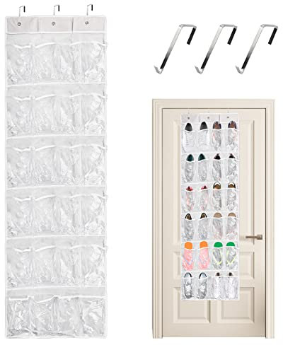 Hängender Schuh Organizer über der Tür 24 Taschen, Schuhregal zum Aufhängen Faltbare mit Wasserdicht Taschen, Hängeregal Hängeorganizer mit 3 Haken, Hängend Aufbewahrungstasche für Schrank (Weiß)
