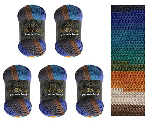 Wollbiene Summer Touch Batik 5 x 100 Gramm Wolle Mehrfarbig mit Farbverlauf, 500 Gramm merzerisierte Strickwolle Microfiber-Acryl (512 türkis braun orange)