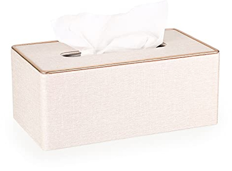 BTSKY Household Rectangular Linen Tissue Box with Decorative Gold Line - Tissue Paper Holder Tissue Cover Holder Tissue Storage Organizer Tissue Dispenser Case Napkin Box, Beige