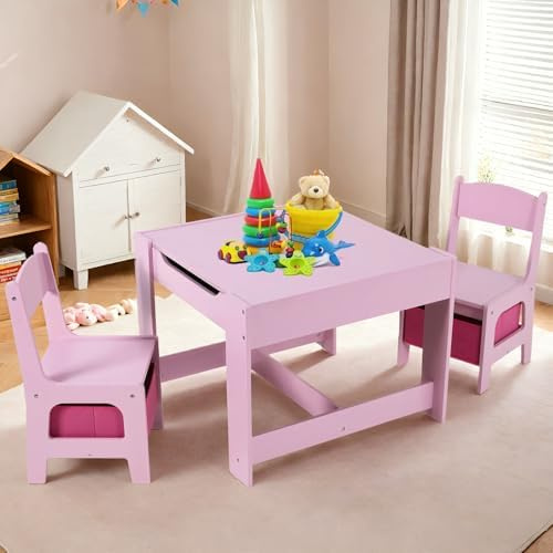 Arlopu Kids Table and Chair Set, 4 in 1 Wooden Children Activity Table w/Storage, Reversible Deskboard, Blackboard, Detachable Tabletop for Toddlers Art Crafts, Playroom, Drawing, Reading Pink