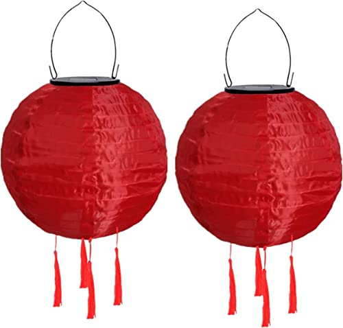 Youning Solar Lampions Außen Wetterfest 30cm Led Solar Lampion mit Quaste Outdoor Hängende Wasserdicht Solar Laterne Papierlaterner Aus Nylon Solarlampen für Außen Garten Balkon Deko (2PCS Rot)