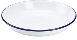 Premium Quality Traditional Enamel White Blue Trim Rice Pasta Plate, Bowl, Dinnerware - Round Pie, Soup, Mixing, Deep Dish Tableware Crockery (18cm)