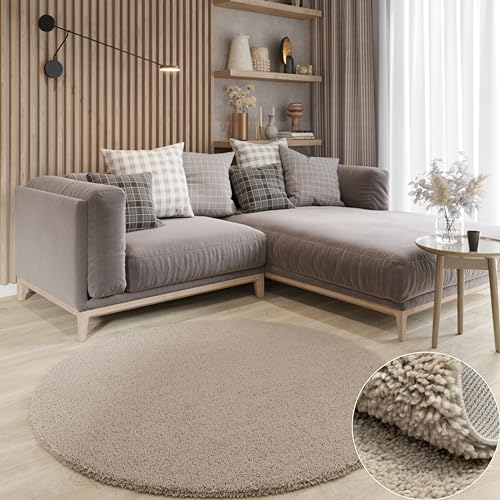 MY-RUG Shaggy Star kuscheliger Langflor Teppich, Rutschhemmende Unterseite, extra Langer Hochflor 37 mm, Pflegeleicht, Super Soft, Felloptik, beige, rund 100 cm