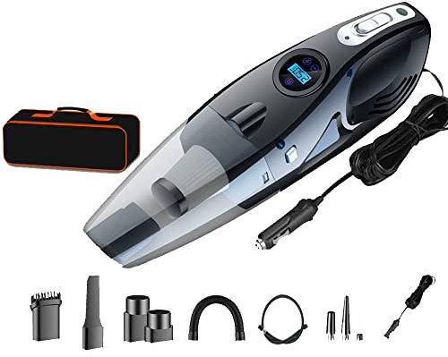 Aspirateur voiture filaire avec pompe à air, Aspirateurs à main à forte aspiration 12000pa, gonfleur pneus voiture numérique avec manomètre, arrêt automatique et lumière LED, aspirateur a main 12V