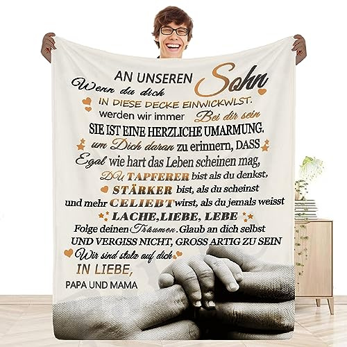 PJLJC Personalisierte Kuscheldecke Geschenk An unseren Sohn von Eltern, Mama und Papa zu Positive Ermutigung und Liebe Sohn Flauschige Geschenk, Geschenk für Sohn Geburtstags Weihnachten