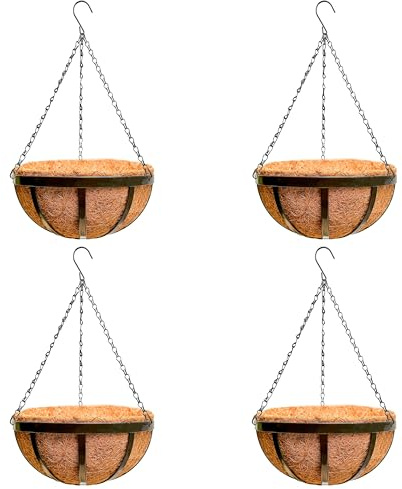 LaLaGreen Outdoor Hanging Baskets for Plants (16 Inch, 4 Pack) Black Large Hanging Planter with Coco Liner, Flat Iron Plant Pot Metal Flower Pots Deck Patio Porch Garden Balcony Outside Decoration