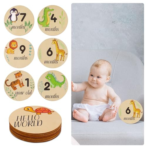 7 Piezas Tarjetas de Hitos Bebe, Madera Redondos de Doble Cara Arjetas de Hitos Mensuales para Bebés para Recién Nacidos Niños y Niñas Baby Shower Accesorios para Fotos