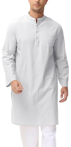 LVCBL Thobe Uomo Cotone Lino Abito Islamico Manica Lunga Bianco M