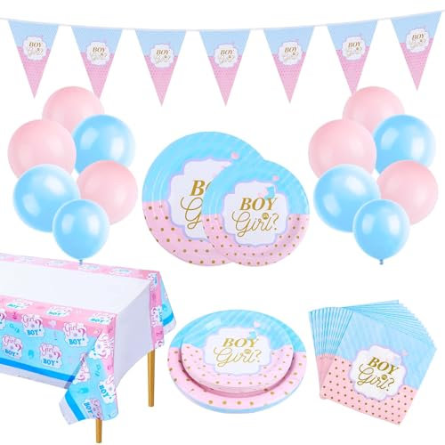 Aitsite Lot de 62 assiettes en carton pour 16 invités Baby Shower Gender Reveal Party - Décoration de fête de genre - Nappes, ballons, guirlande de serviettes