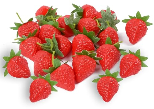 Fleymu 20 Stück Erdbeeren aus Kunststoff, Künstlich Rot Erdbeere, Kunststoff Erdbeeren Früchte, Lebensechte Obst Erdbeere, für Heimdekoration, Ornamente, Partydekoration, Fotografie-Requisiten