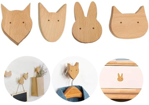 ZAAWUUT Kleiderhaken aus Holz, Türgarderobe, natürliche Schrankknäufe, Schubladengriffe, niedliches Tier, Kinderzimmer, Möbeldekoration (niedliches Tier), 4 Sets