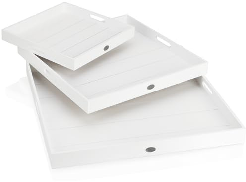 COM-FOUR® 3-delad träbricka set - vintage dekorativa brädor i 3 storlekar - vita serveringsbrickor med liten metallplatta - återanvändbara dekorativa skålar med handtag (03 st - bricka vit)