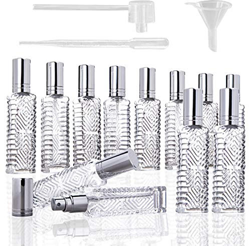 HDCRYSTALGIFTS 12 Stück klare Glaszerstäuber-Sprayflaschen 10ml leer nachfüllbar für Parfüm ätherisches Öl, verpackt mit Trichtern Pipetten-Spender