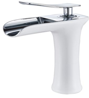 Wasserhahn Bad Wasserfall Waschtischarmatur Messing Einhebel Mischbatterie Waschbecken Armatur, Badarmatur Waschtischbatterie Badezimmer, Weiß